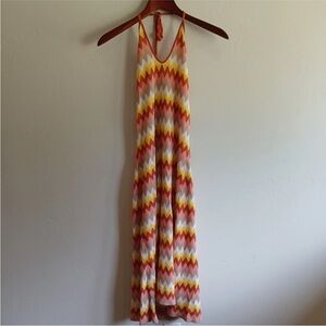 womens Lush Knit Sun Dress Halter Size Large Chevron Yellow Pink Midi Length